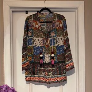 Johnny Was Floral-Print Silk Tunic Top - XS